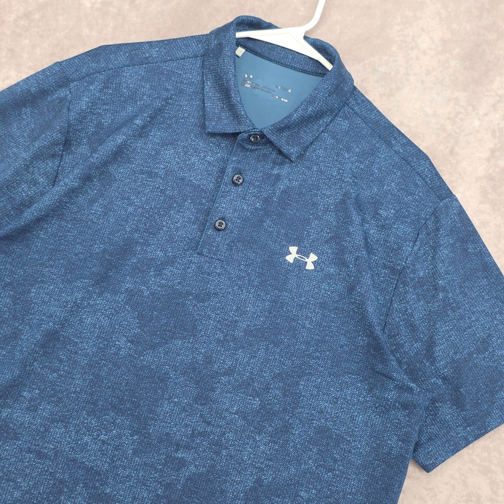 Under Armour Golf Polo Shirt Mens XL Blue Heathered HeatGear Short Sleeve